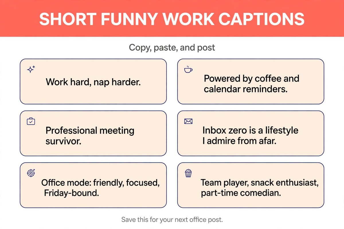 Short funny work captions list with six copy-and-post lines for office photos and posts