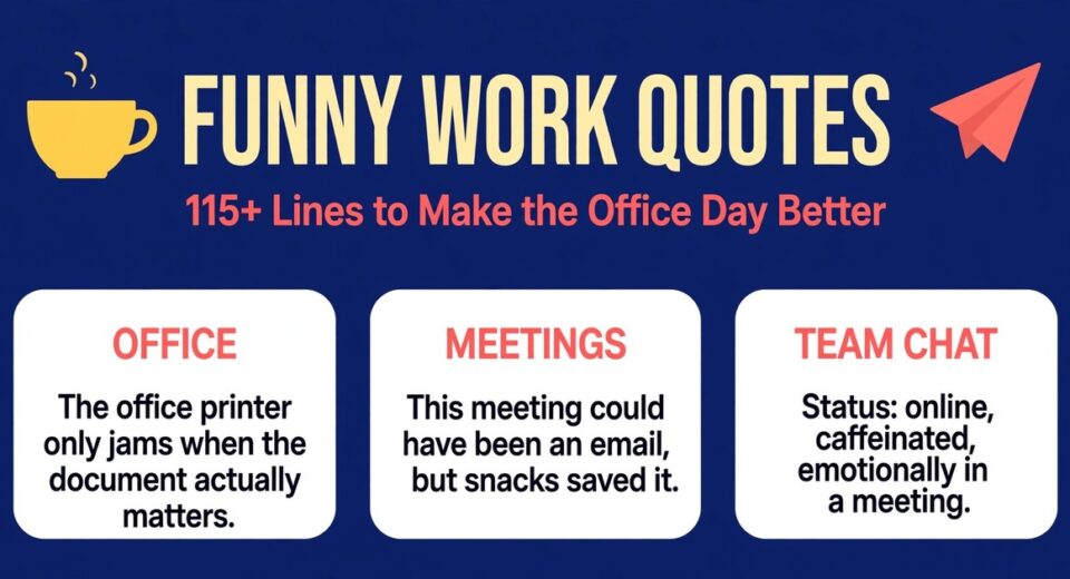 Funny work quotes infographic with hilarious lines about office life, meetings and team chats