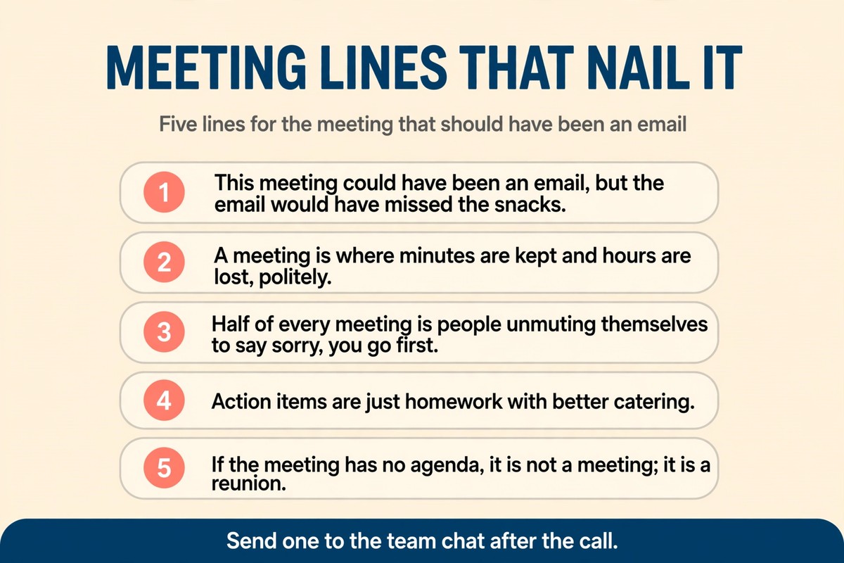 Meeting humor chart with five funny work quotes about meetings that should have been emails
