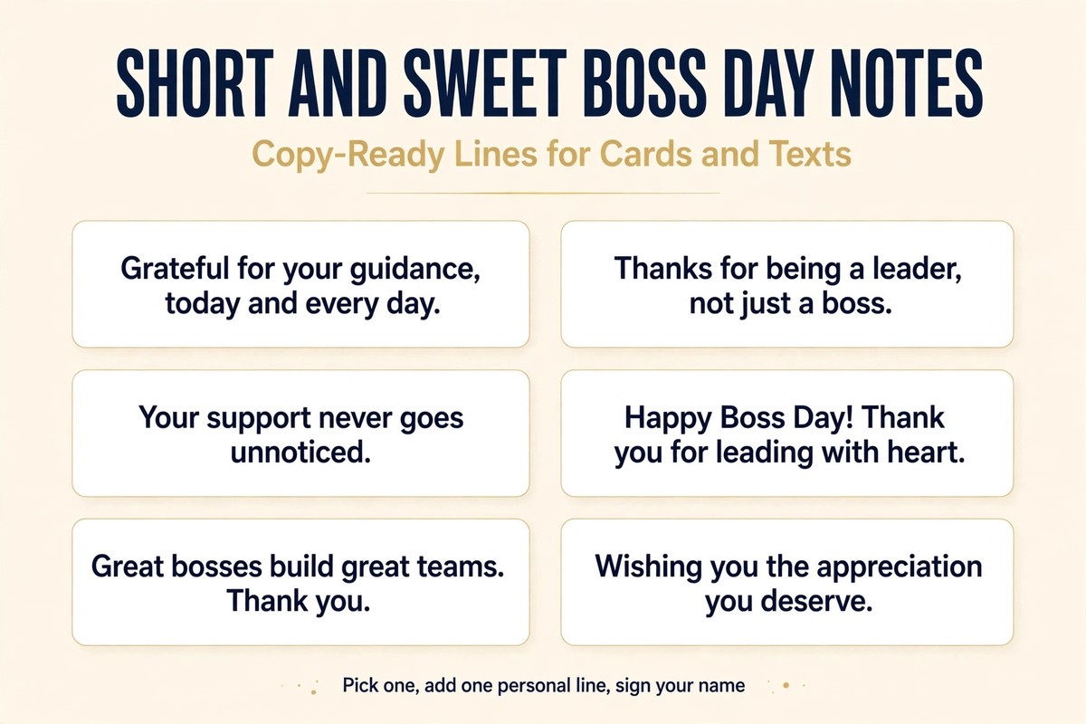 Short and sweet boss day notes infographic with six copy-ready lines for cards and texts