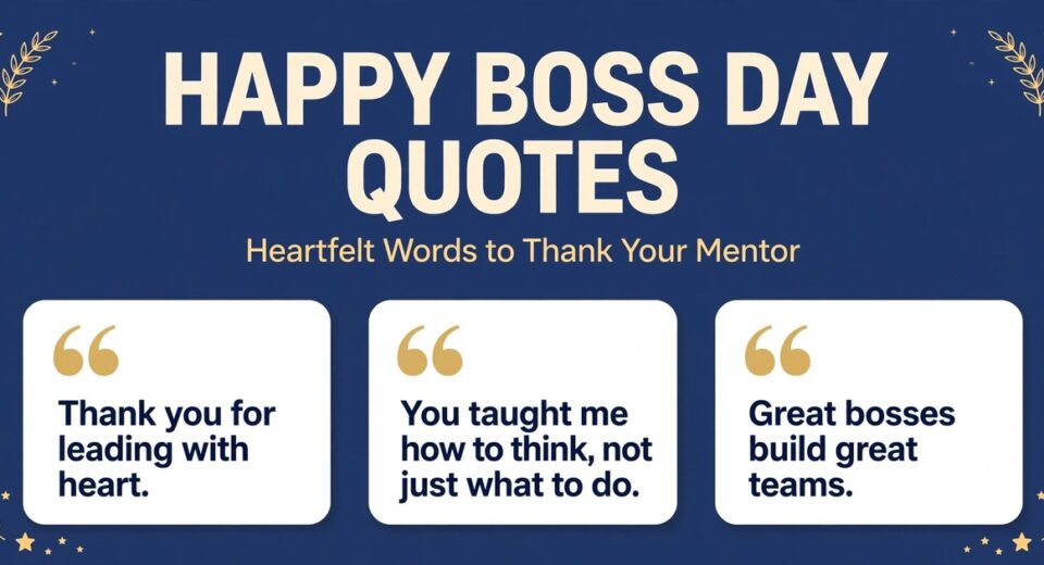 Happy boss day quotes infographic with three heartfelt thank-you lines for a mentor boss
