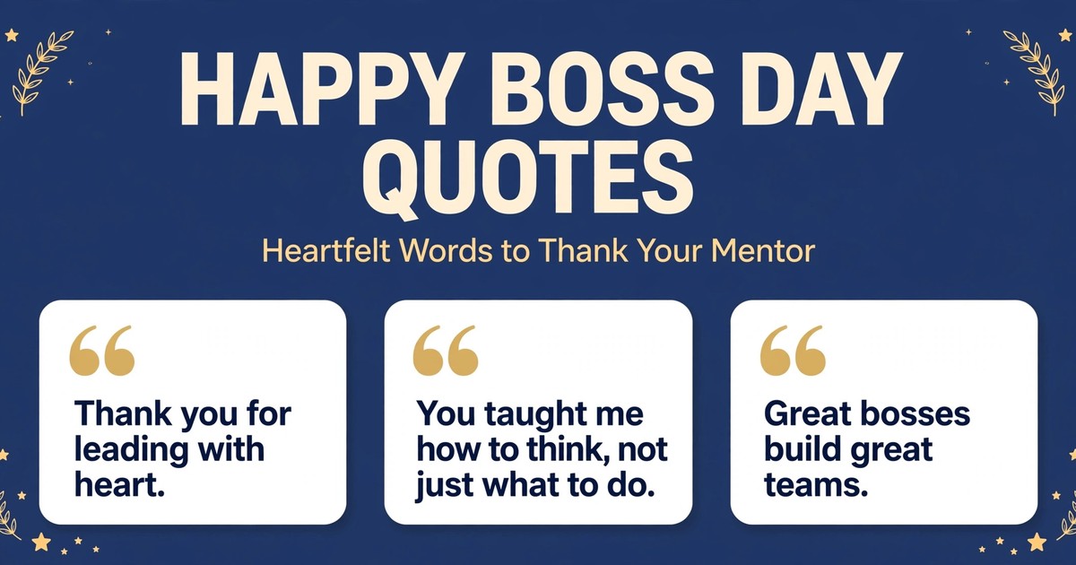 Happy boss day quotes infographic with three heartfelt thank-you lines for a mentor boss