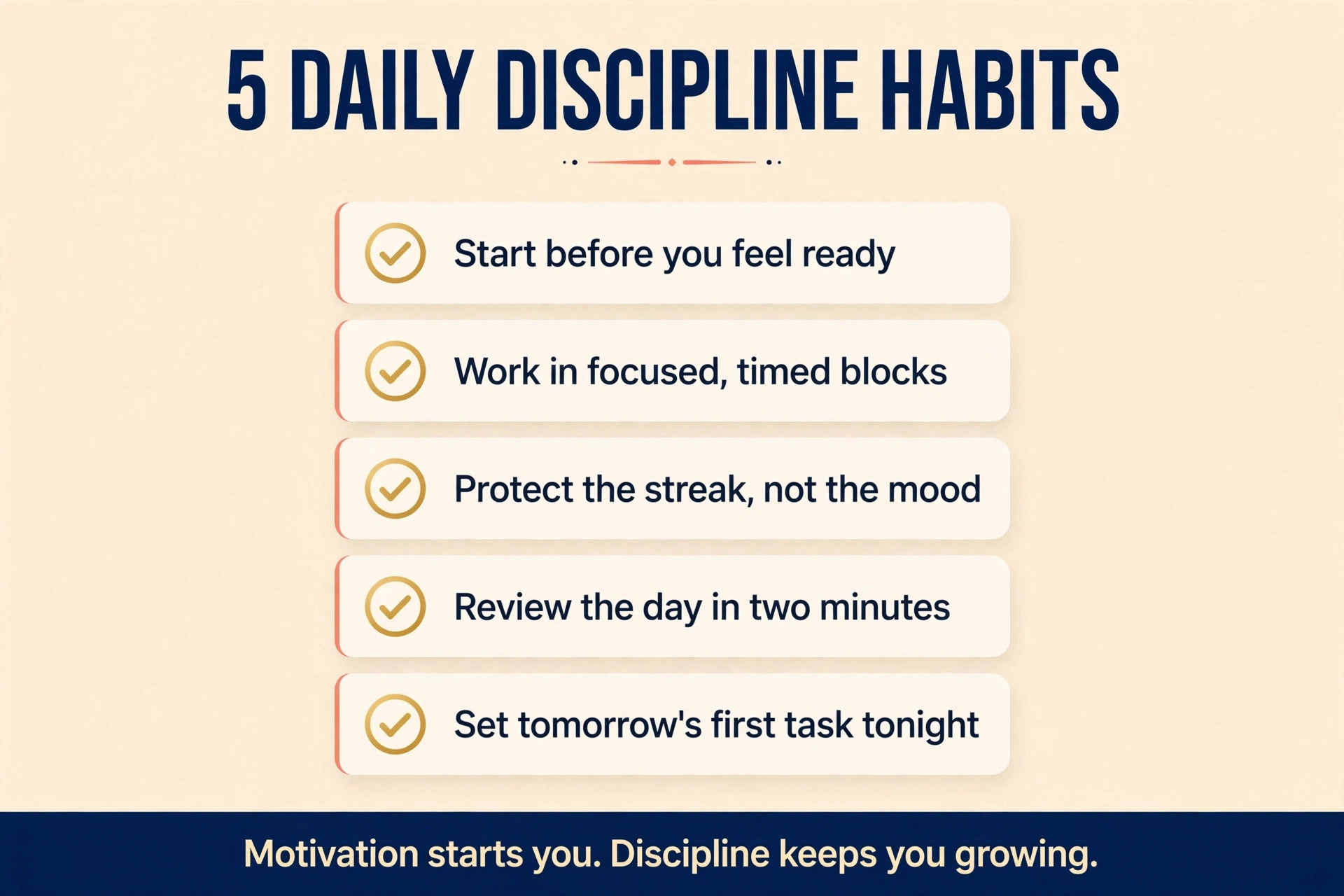 Five daily discipline habits checklist for staying consistent with hard work