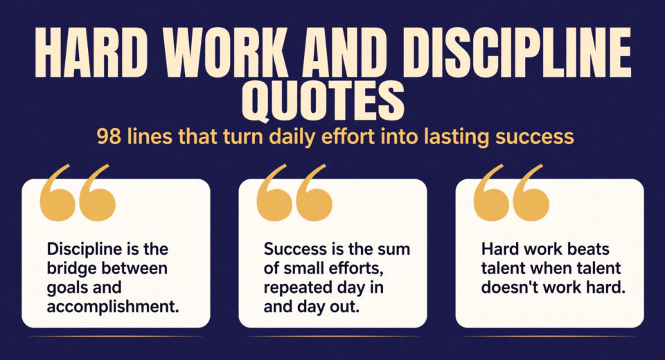Hard work and discipline quotes infographic with famous lines on effort, focus and success
