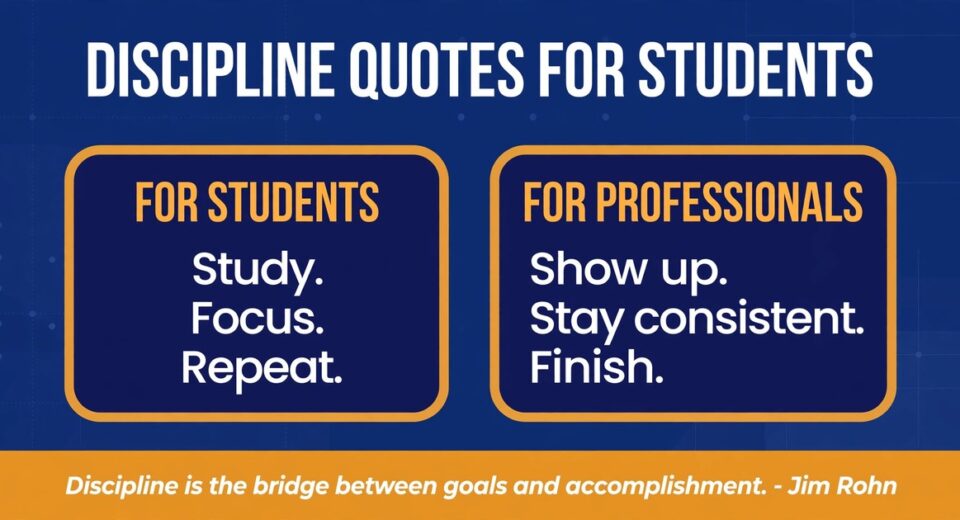 Discipline quotes for students infographic showing study and work mantras for students and professionals