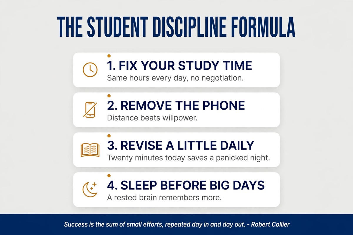 Student discipline formula infographic with four daily study routine steps