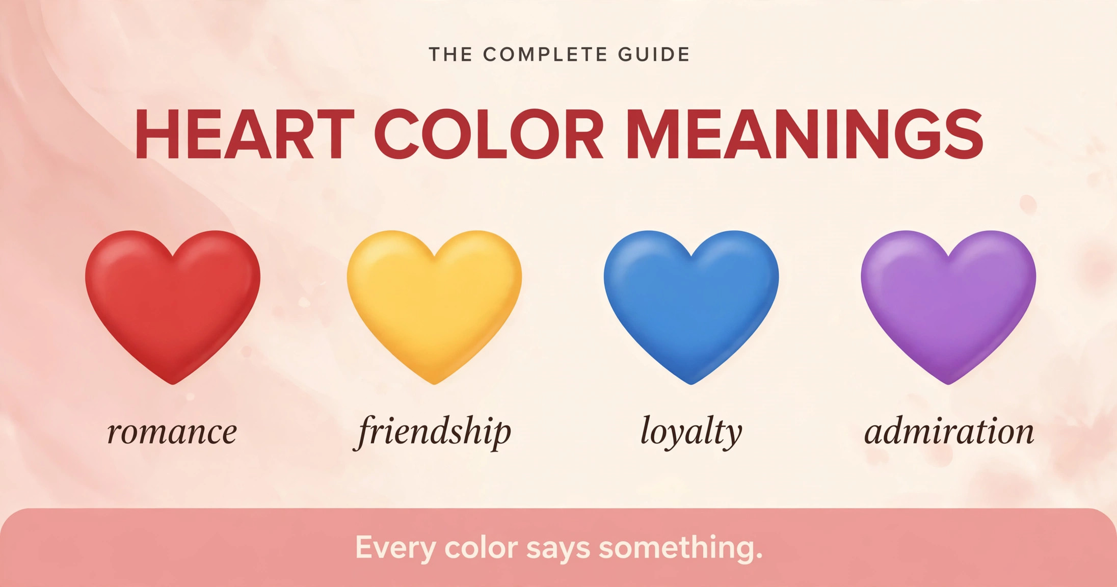 Heart color meanings infographic: red, yellow, blue, and purple hearts with their meanings explained