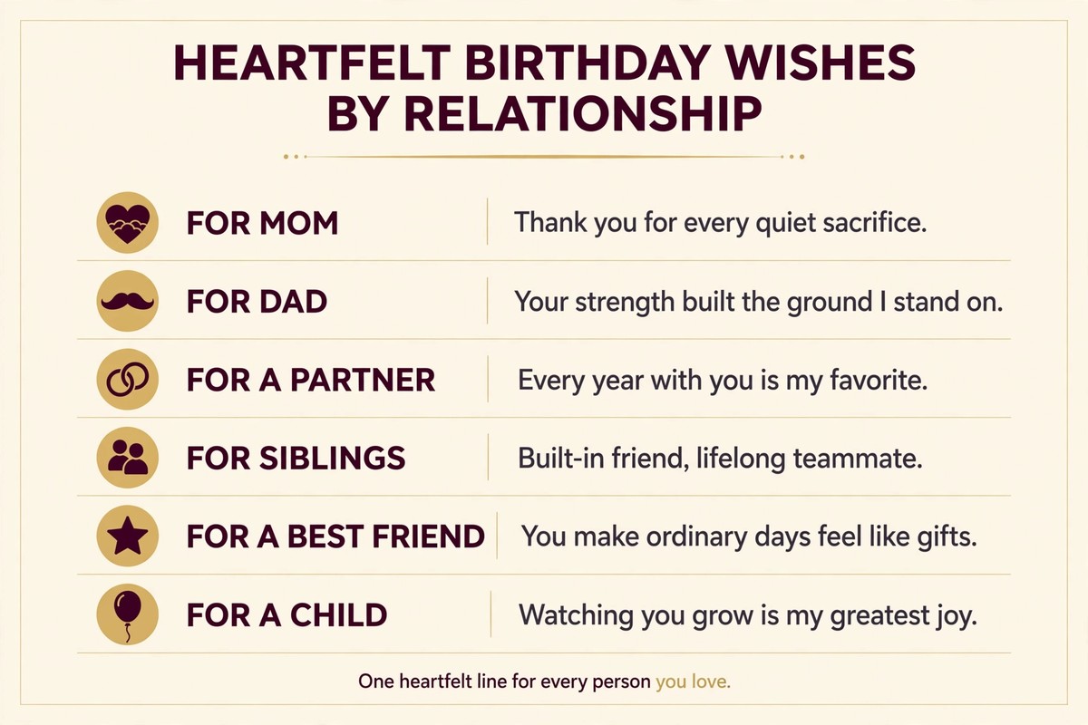 Heartfelt birthday wishes by relationship chart with short lines for mom, dad, partner, siblings, friends and children