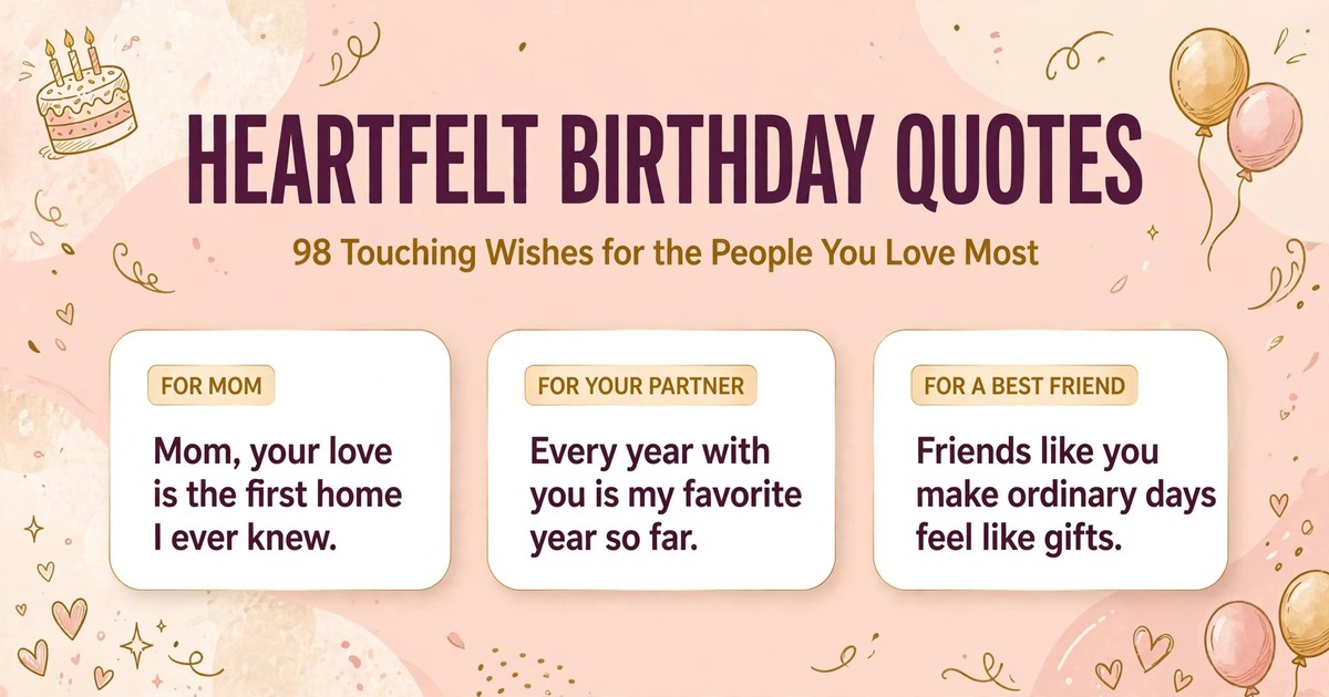 Heartfelt birthday quotes infographic with touching wishes for mom, a partner and a best friend