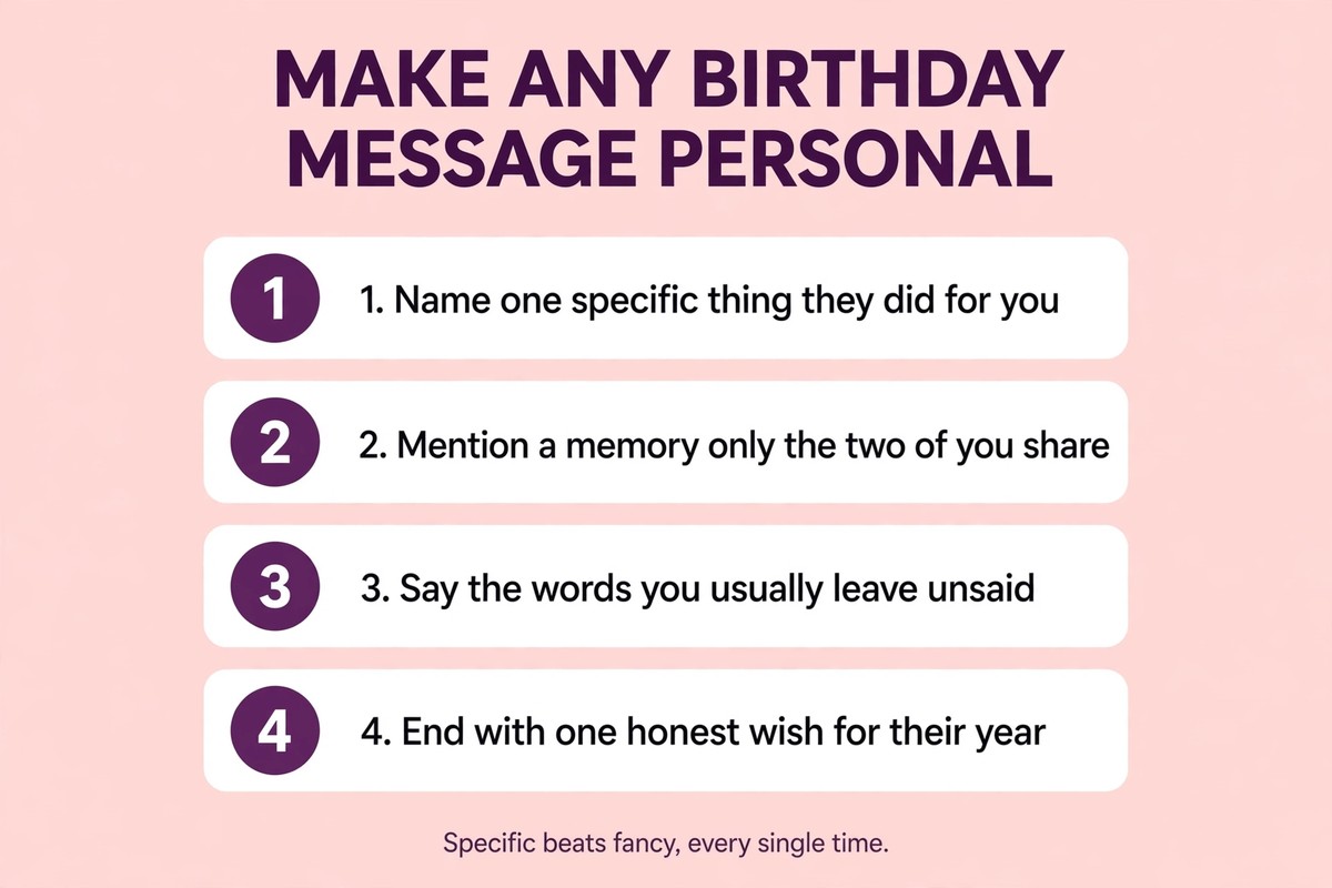 Four steps to make a birthday message personal: a specific detail, a shared memory, unsaid words and one honest wish