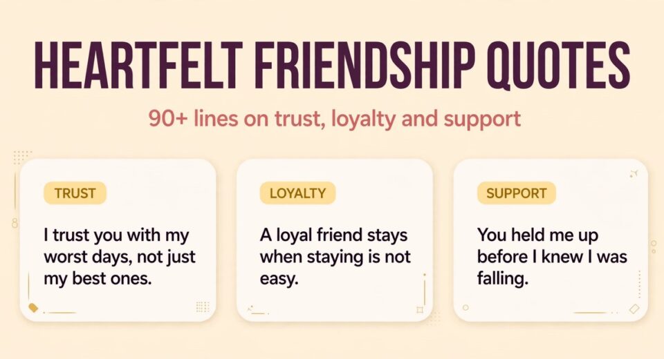 Heartfelt friendship quotes infographic with trust, loyalty and support quote cards for true friends