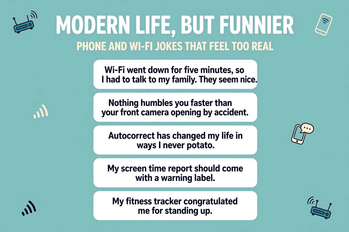 Funny quotes about modern life and phones, including Wi-Fi, autocorrect and screen time jokes