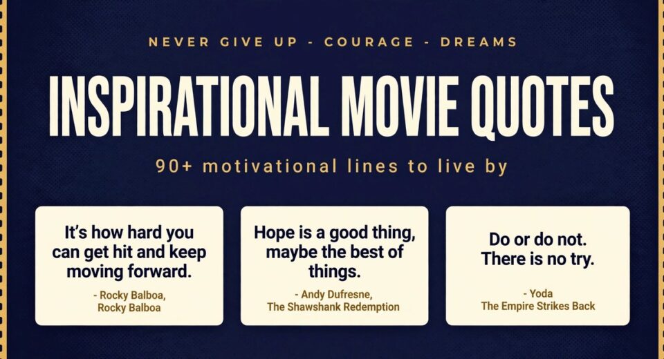 Inspirational movie quotes infographic with famous lines from Rocky Balboa, The Shawshank Redemption and Star Wars