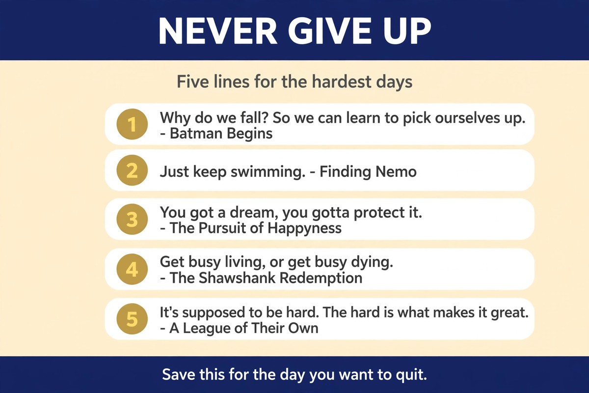 Never give up movie quotes chart with five lines from Batman Begins, Finding Nemo and The Pursuit of Happyness