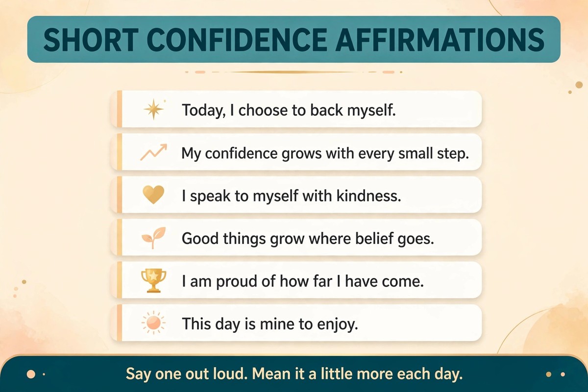 Short confidence affirmations list with six daily lines for a positive mindset
