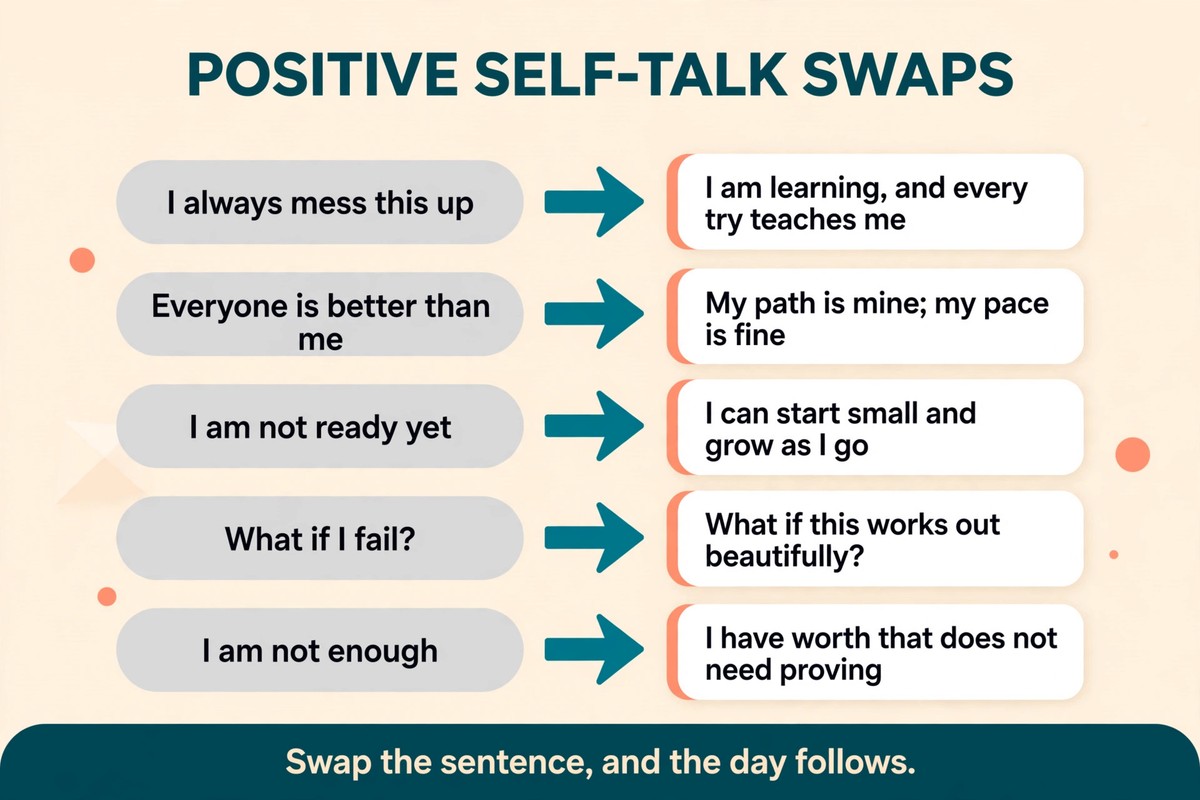 Positive self-talk swaps chart turning five harsh thoughts into confident reframes