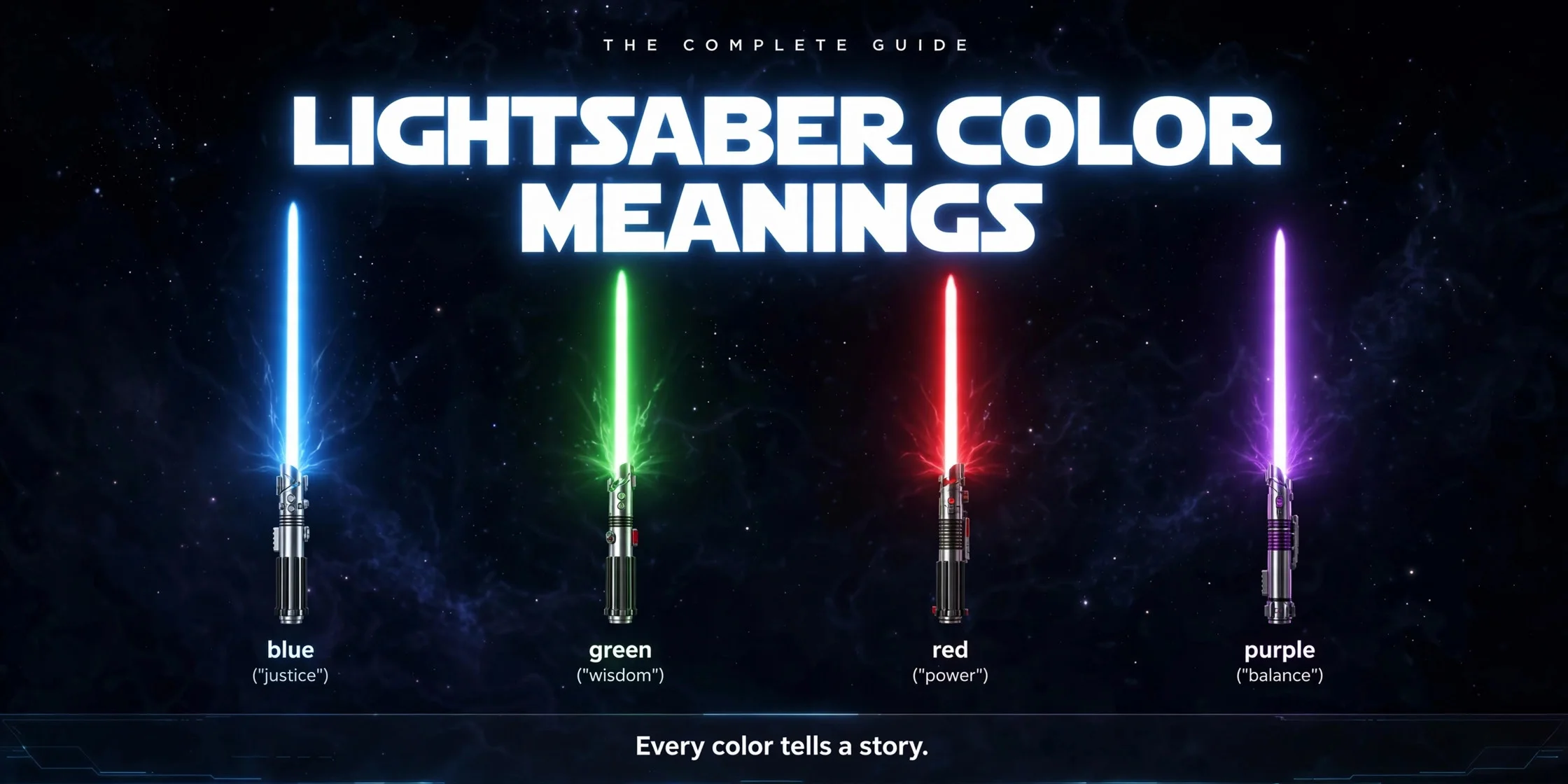 Lightsaber color meanings infographic: blue, green, red, and purple lightsabers with their meanings explained