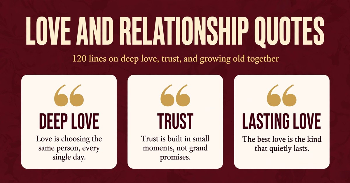 Love and relationship quotes infographic with deep love, trust and lasting love quote cards