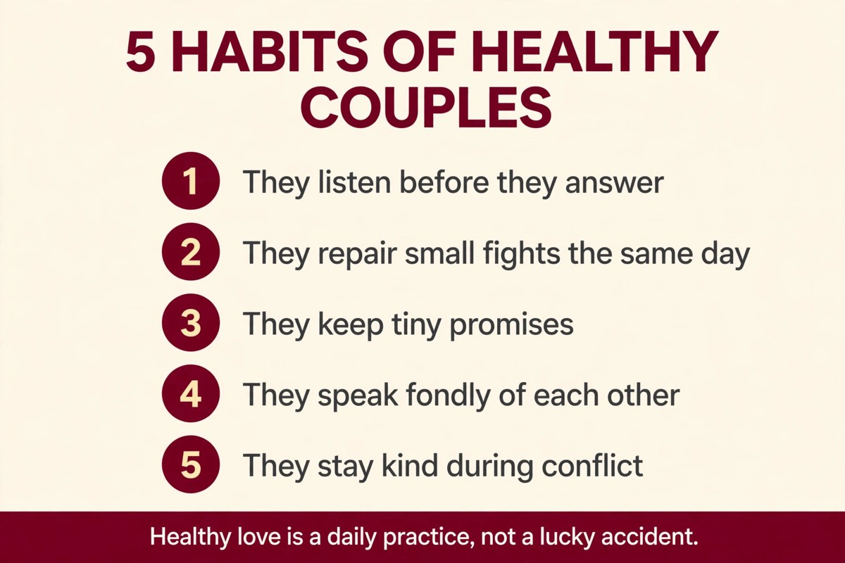 Five habits of healthy couples checklist: listening, repairing fights, keeping promises, fondness and kindness