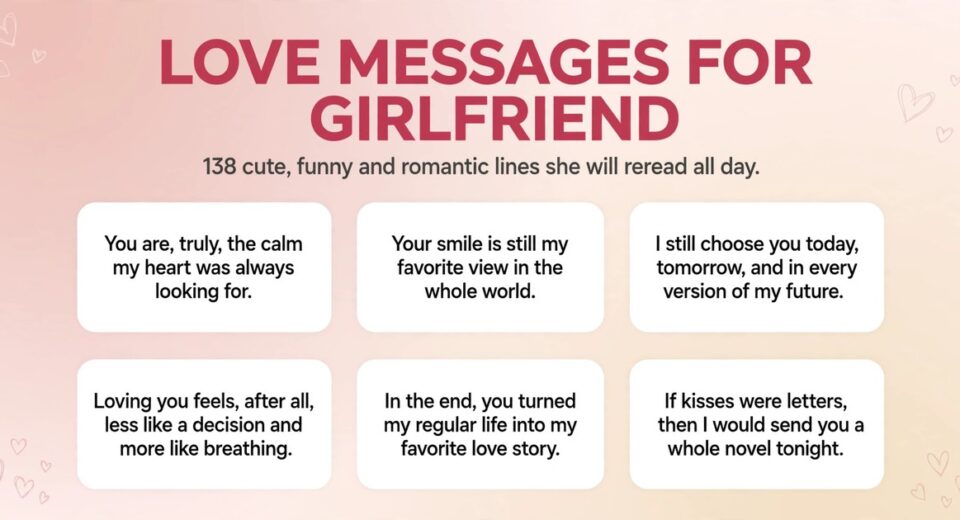 Love messages for girlfriend infographic with six cute and romantic lines to text her