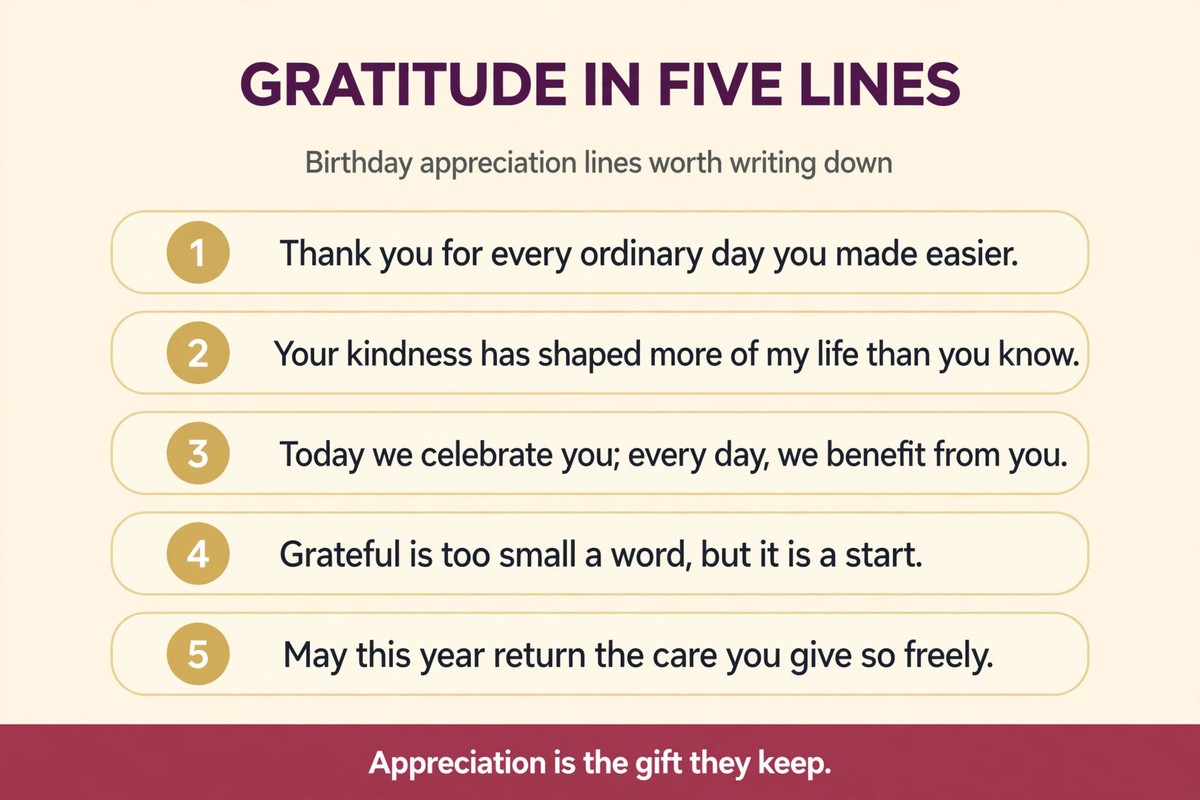 Birthday appreciation quotes chart with five thank-you lines for parents, partners and friends