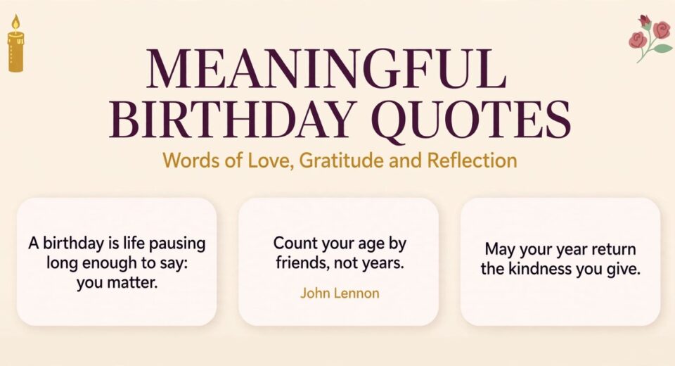Meaningful birthday quotes infographic with lines about love, gratitude and reflection for a loved one's birthday