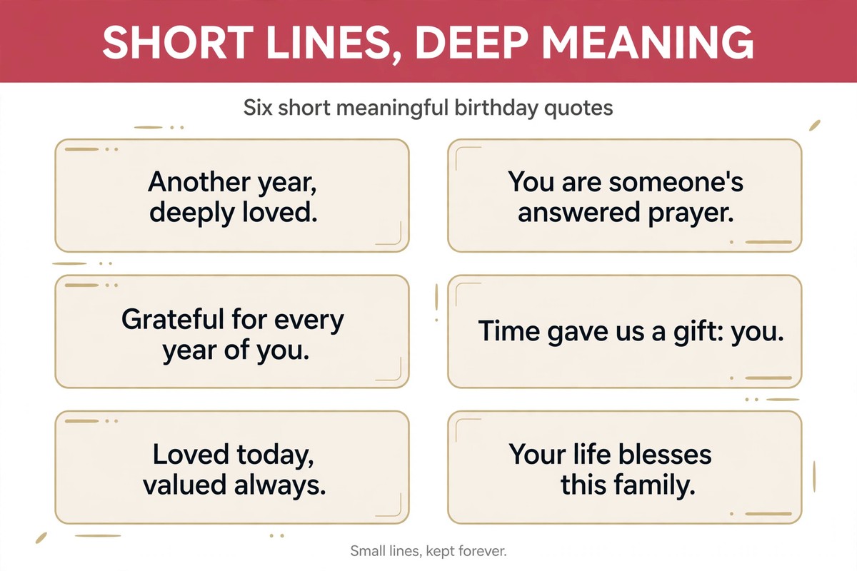 Short meaningful birthday quotes list with six deep one-line wishes for cards and texts