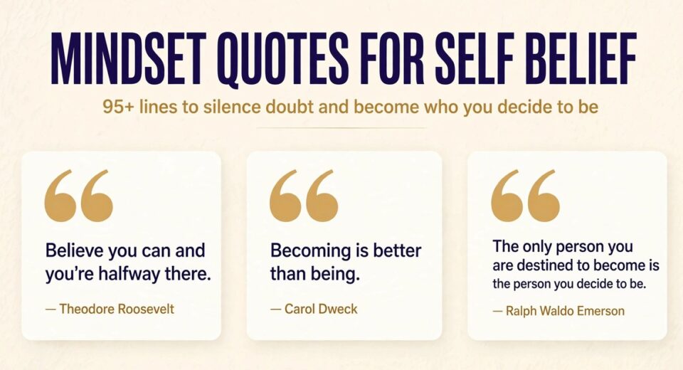 Mindset quotes for self belief infographic with lines by Theodore Roosevelt, Carol Dweck and Ralph Waldo Emerson