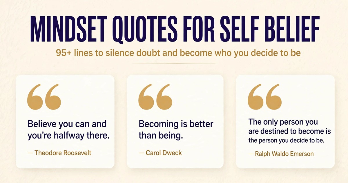 Mindset quotes for self belief infographic with lines by Theodore Roosevelt, Carol Dweck and Ralph Waldo Emerson