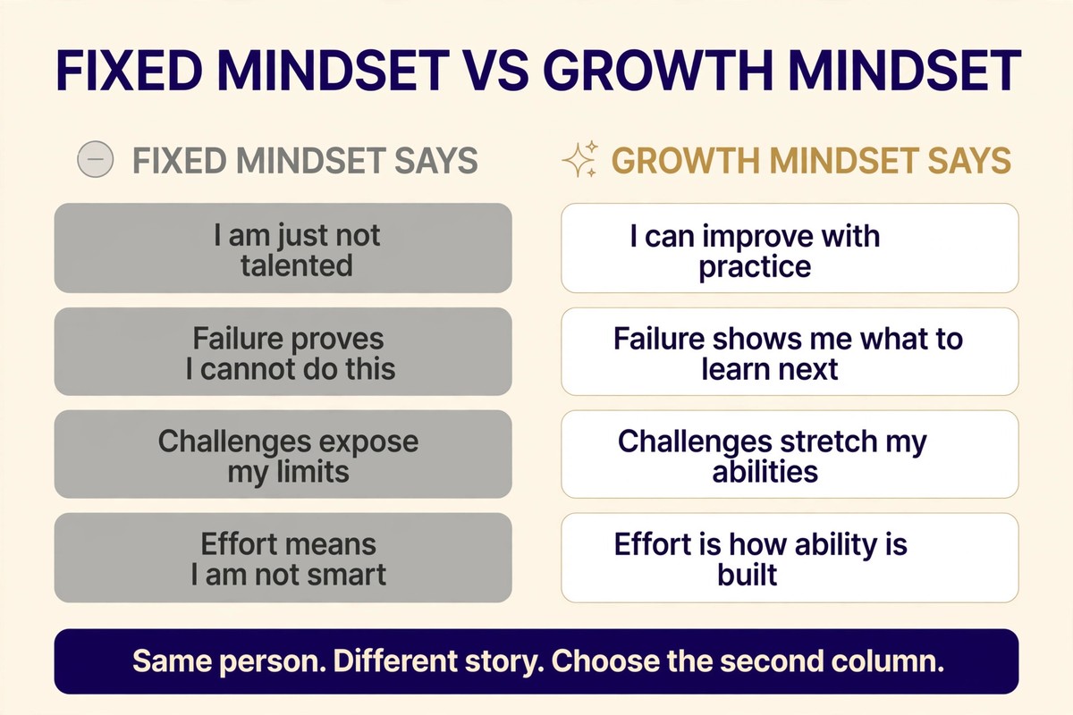 Fixed mindset vs growth mindset chart comparing four limiting statements with four growth statements