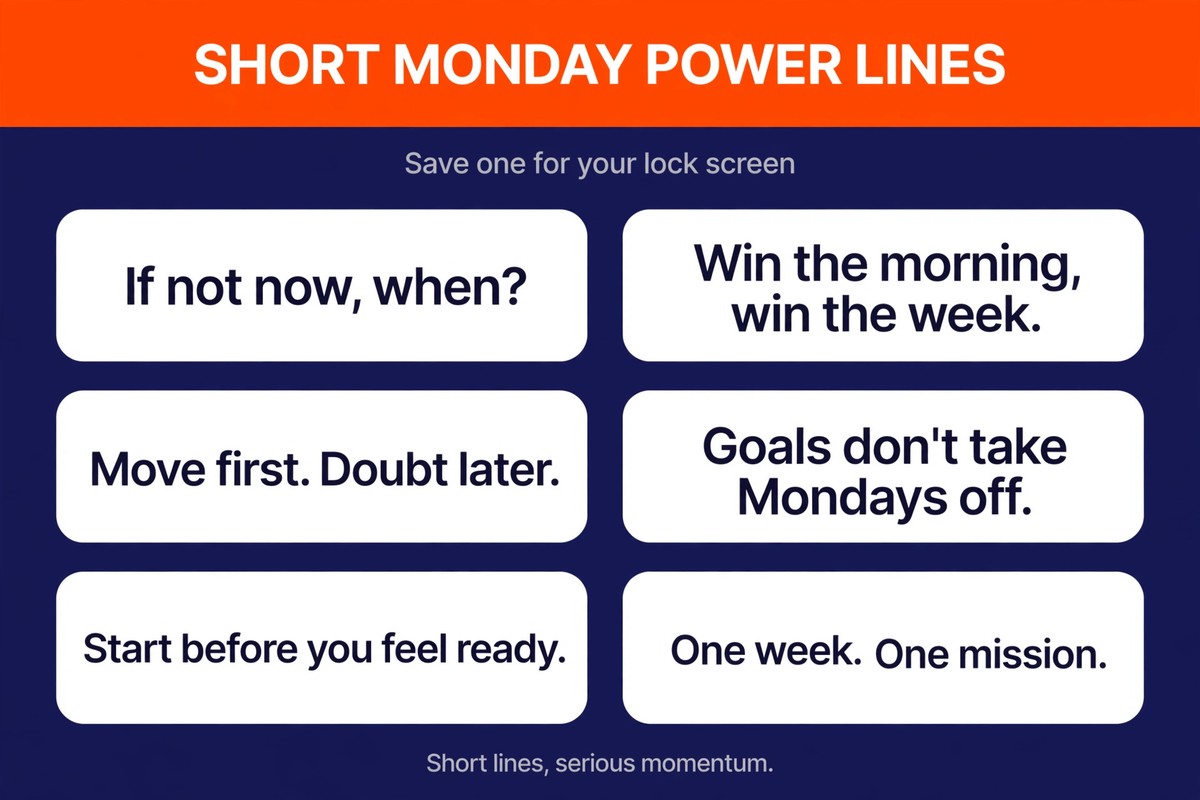Short monday motivation quotes and power lines list with six copy-and-save lines for lock screens and captions