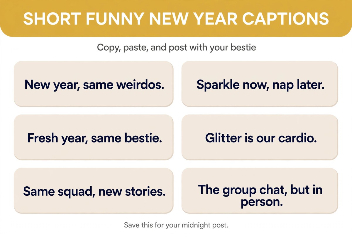 Short funny new year captions list with six copy-and-post lines for Instagram photos with your best friend