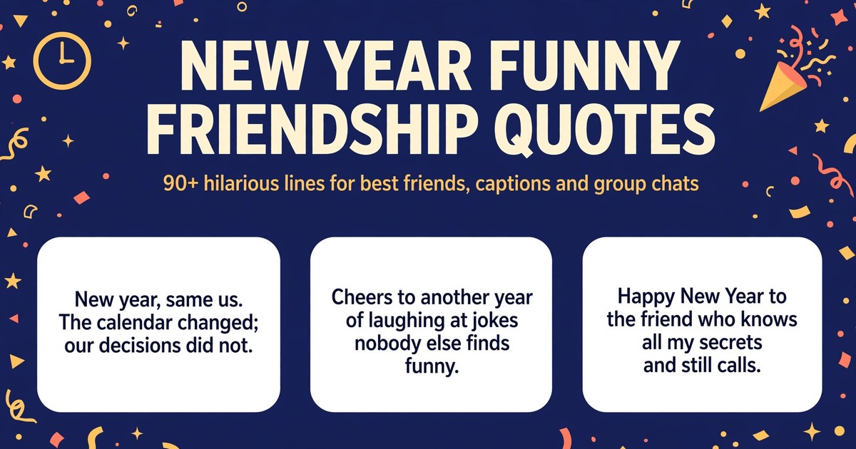 New year funny friendship quotes infographic with hilarious resolution jokes, wishes and captions for best friends