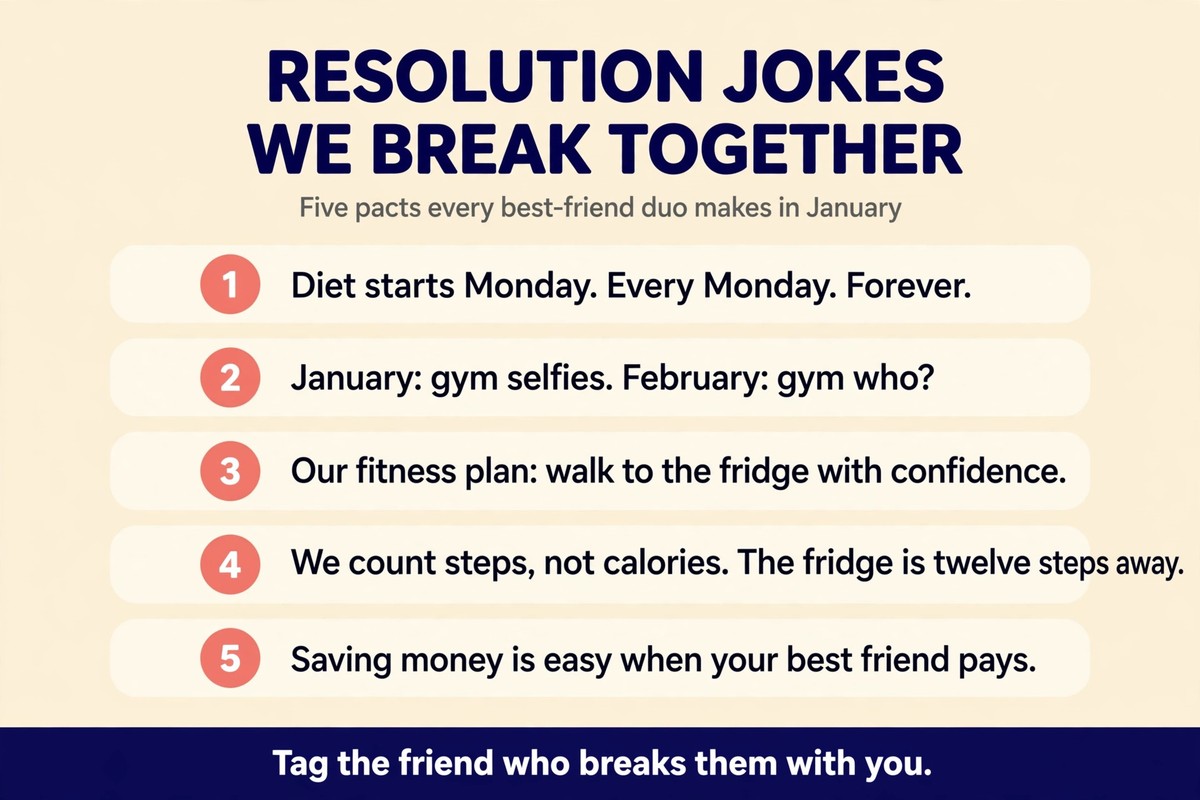 Resolution jokes chart with funny new year quotes about gym plans, diets and saving money between best friends