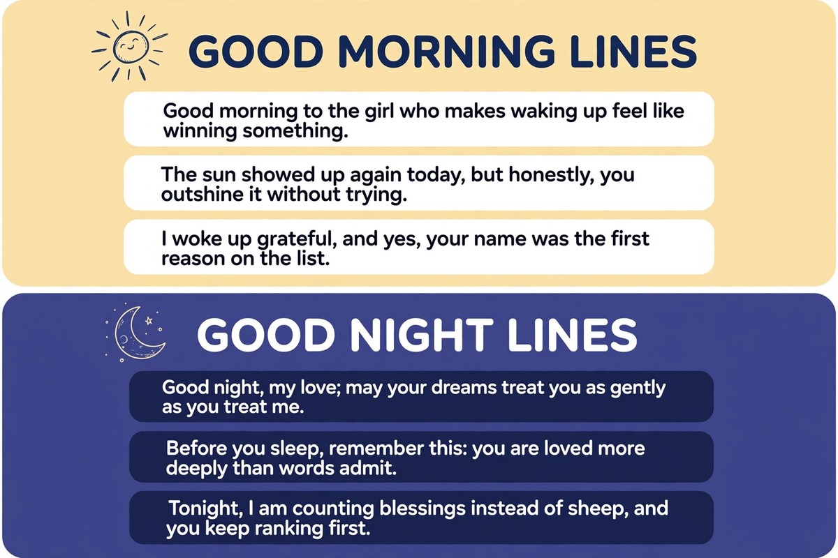 Good morning and good night one line for girlfriend messages in a two-part chart