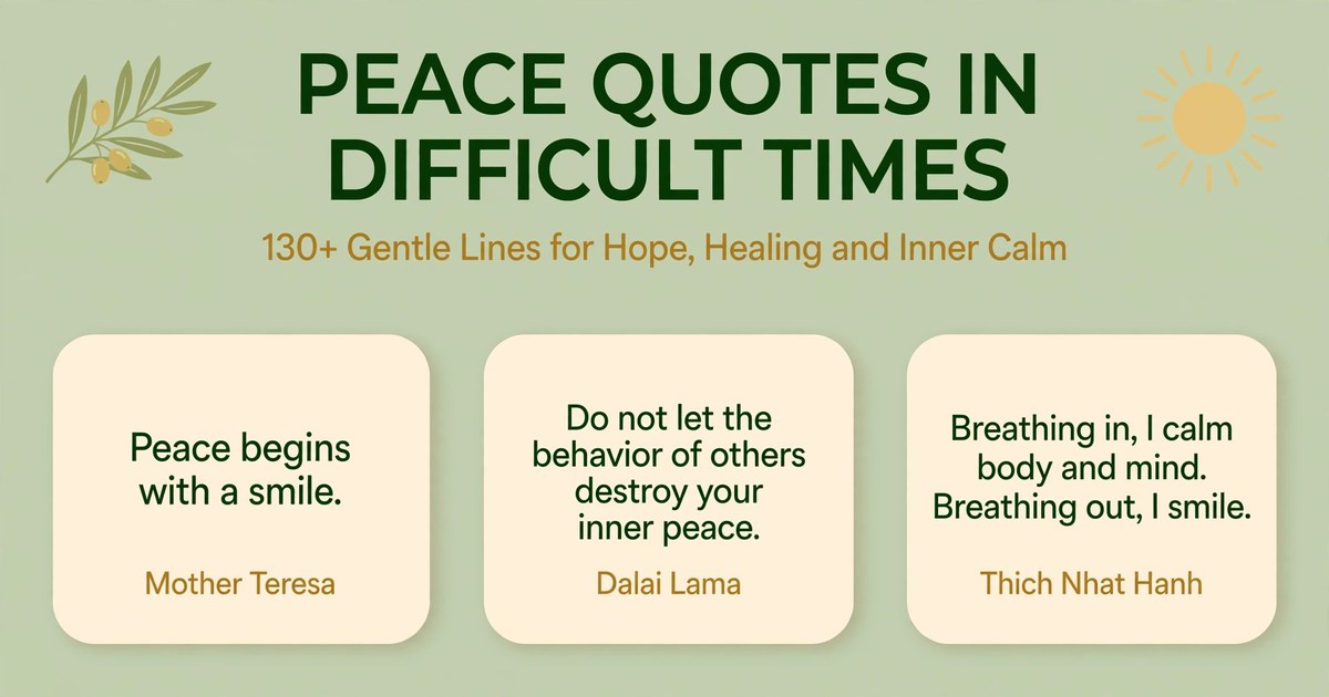 Peace quotes in difficult times infographic with gentle lines by Mother Teresa, Dalai Lama and Thich Nhat Hanh