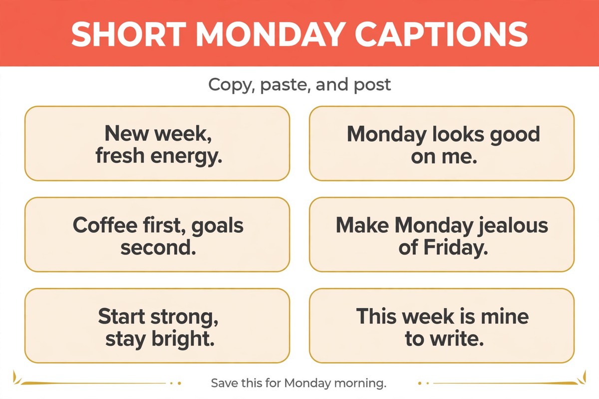 Short positive monday quotes and captions list with six copy-and-post lines for photos and status updates