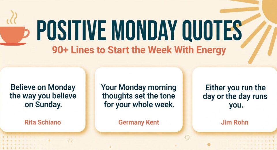 Positive monday quotes infographic with motivational Monday morning lines by Rita Schiano, Germany Kent and Jim Rohn