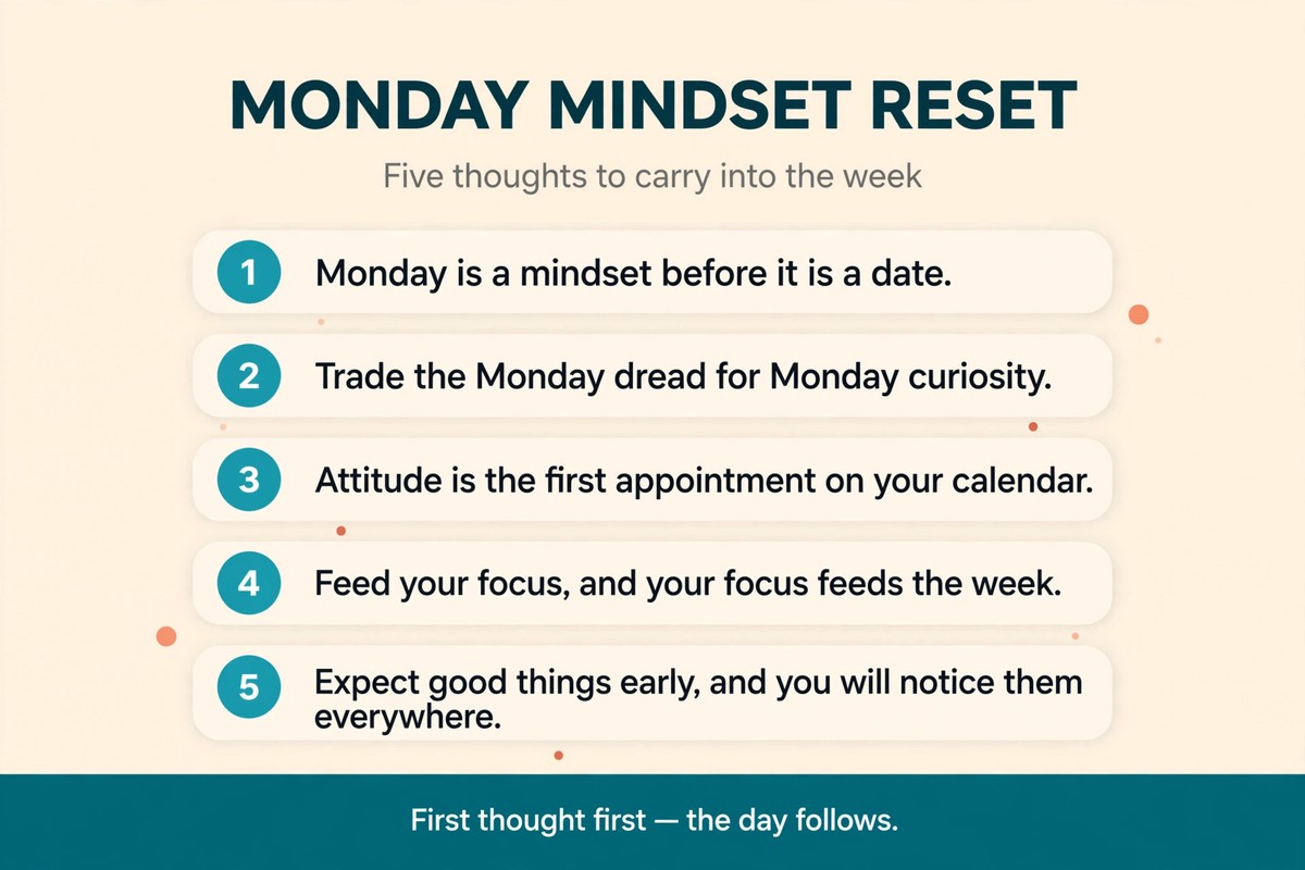 Monday mindset reset chart with five positive thoughts and affirmations for Monday morning