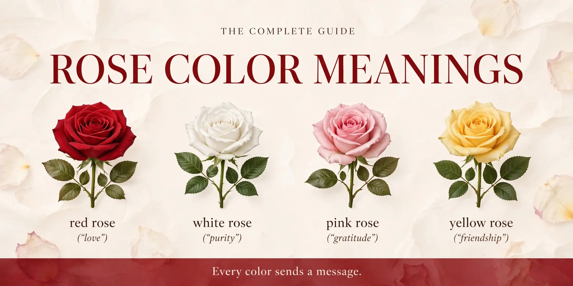 Rose color meanings infographic: red, white, pink, and yellow roses with their meanings explained