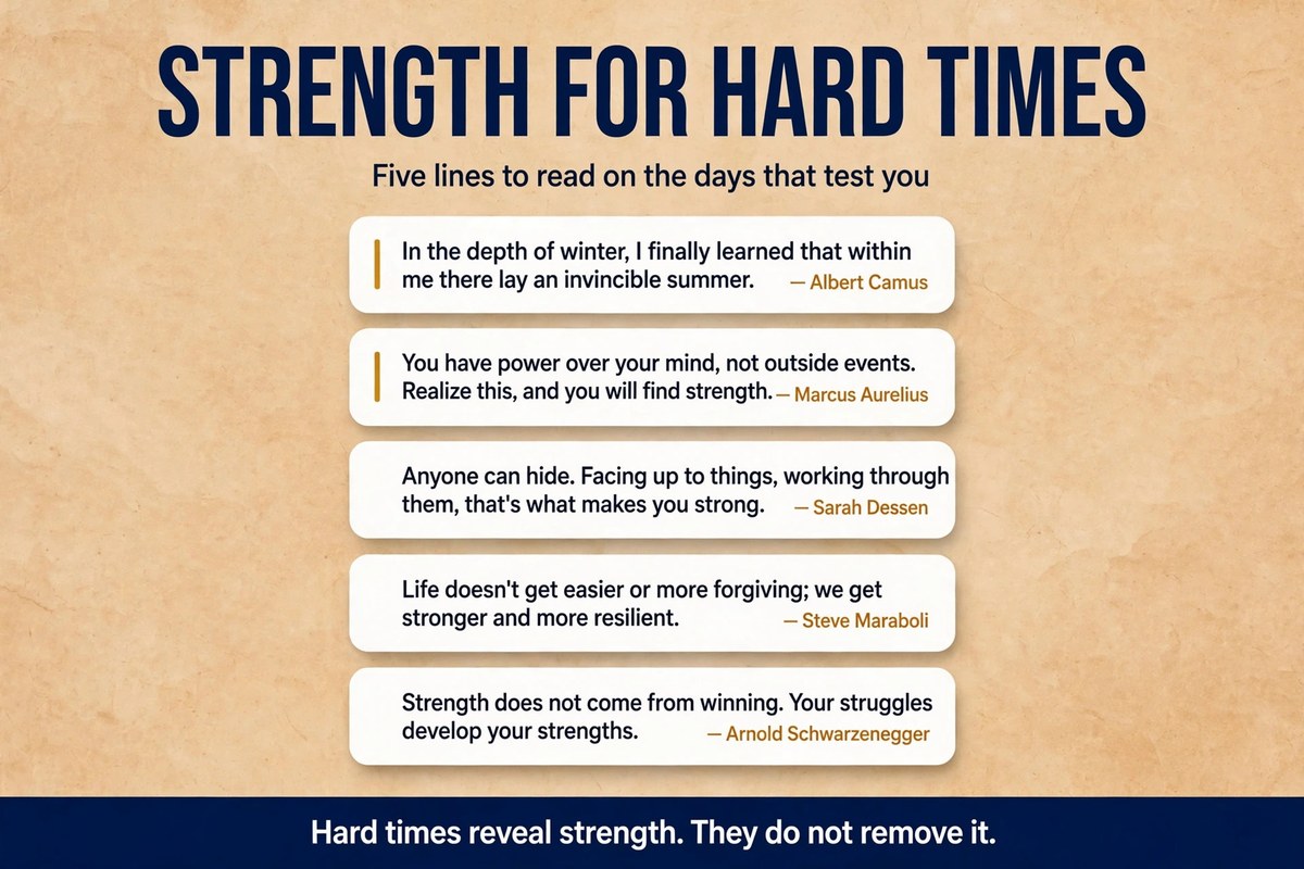 Strength quotes for hard times from Albert Camus, Marcus Aurelius, Sarah Dessen, Steve Maraboli and Arnold Schwarzenegger