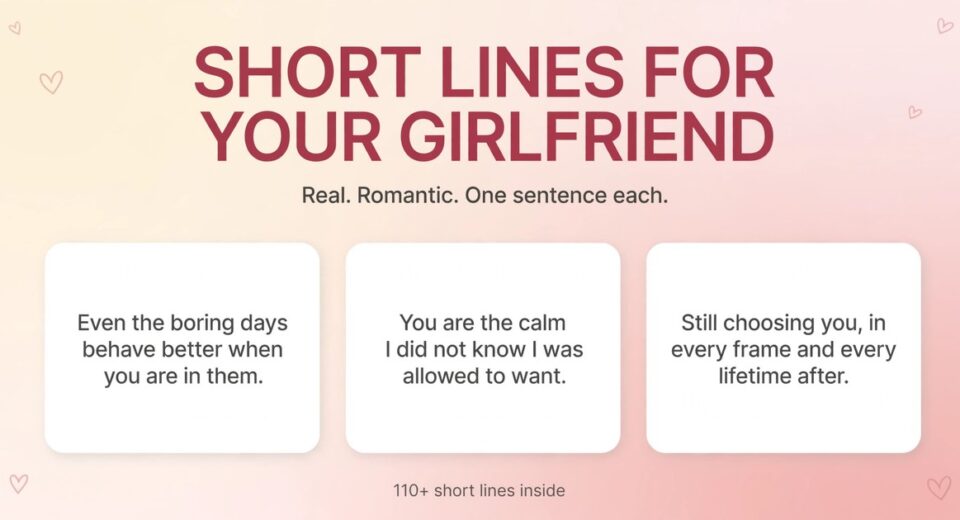 Short line for girlfriend infographic with three real and romantic one-sentence lines for her