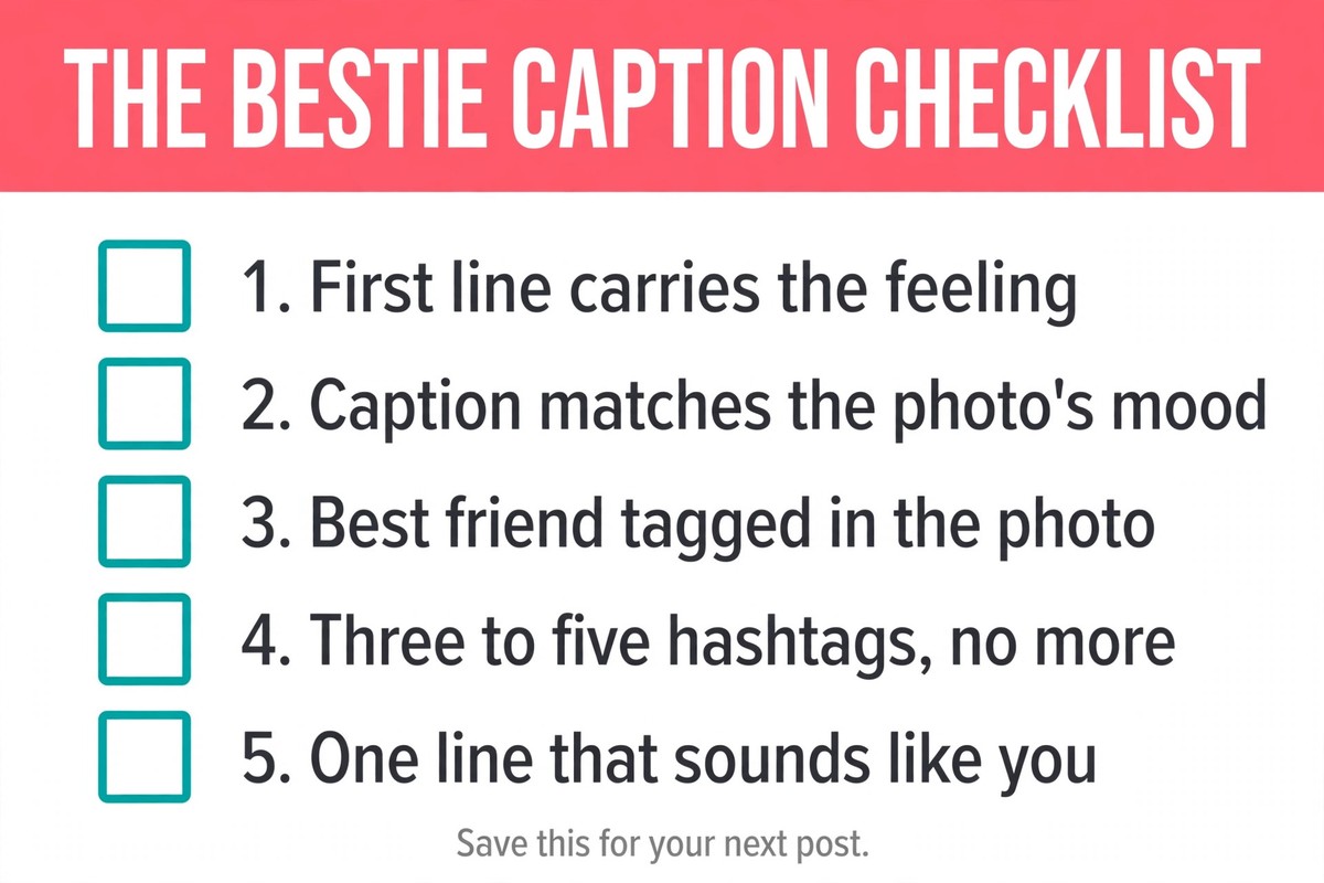 Bestie caption checklist with five steps for posting best friend photos on Instagram