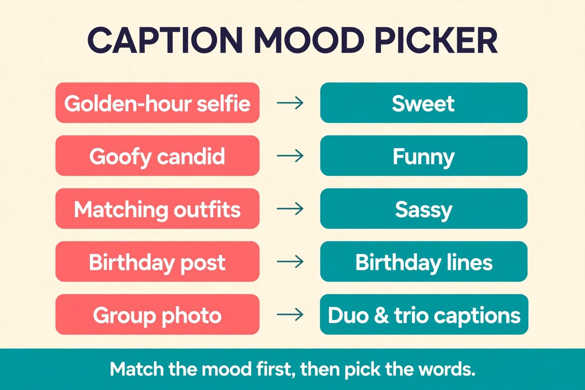 Caption mood picker chart matching Instagram photo types with sweet, funny, sassy, birthday and group caption styles