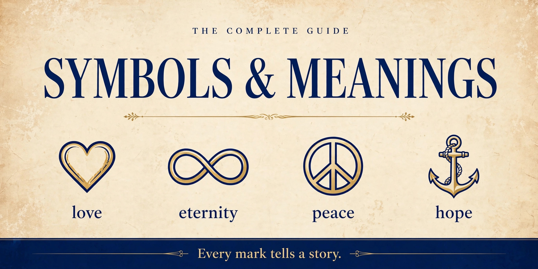 Symbols and meanings infographic: heart, infinity, peace sign, and anchor with their meanings explained