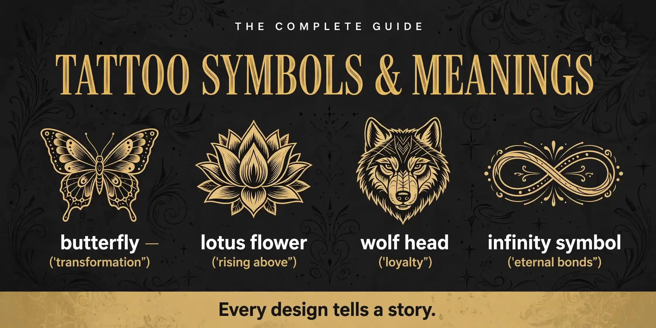 Tattoo symbols and meanings infographic: popular tattoo designs including butterfly, lotus, wolf, and infinity with their meanings