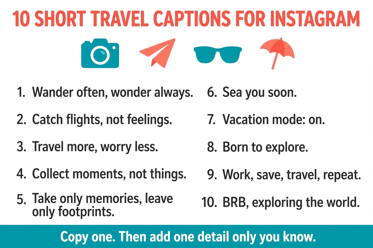 Short travel captions for Instagram list with ten copy-ready one-liners