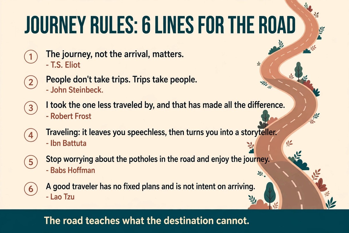 Journey quotes chart with six lines for the road from Eliot, Steinbeck, Frost and Ibn Battuta