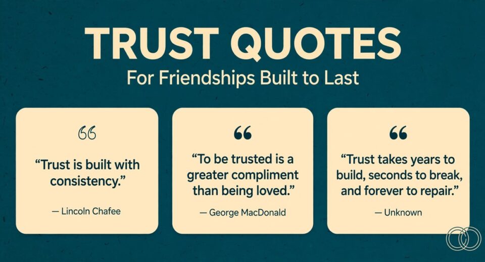 Trust quotes infographic with three friendship trust quotes about consistency, being trusted, and repairing broken trust