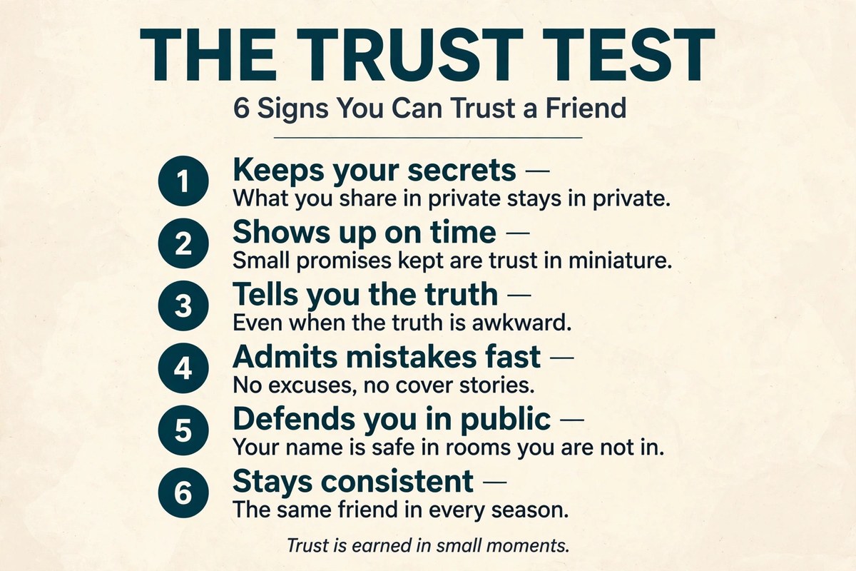 The trust test infographic listing six signs you can trust a friend, including keeping secrets and telling the truth